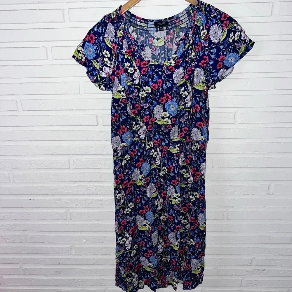 Talbots Blue Floral Short Flutter Sleeve Flowy Dress, Women’s Size Medium Petite